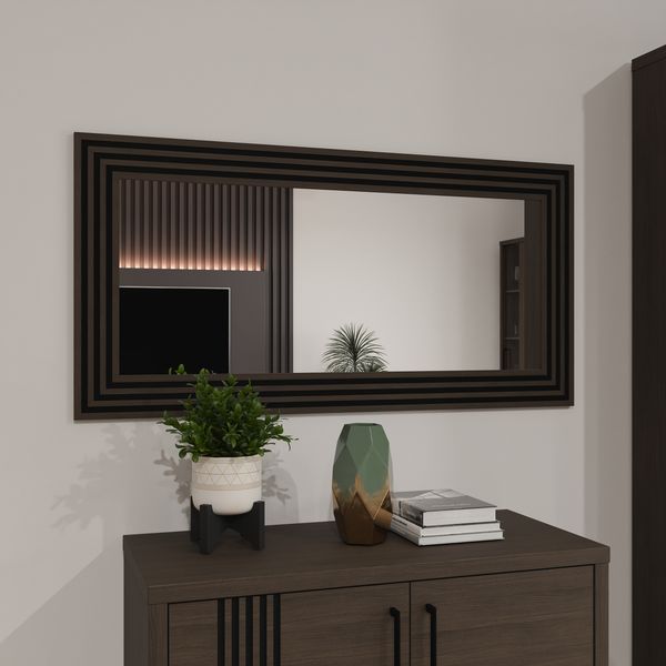 Forte EUFEMIUS Spiegel 120, moderner Spiegel mit gefrästem Rahmen, Dunkelbraun|Schwarz Eiche Holzdekor, 120 cm breit x 60 cm hoch x 1,6 cm tief