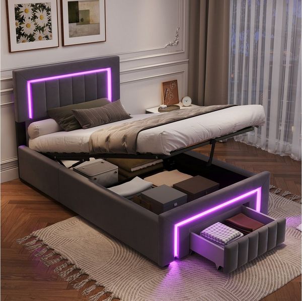 STILVORA Polsterbett 90×200 mit Matratze und bettkasten,Funktionbett Boxspringbett mit LED (verstärkter Metallrahmen, stabiler Lattenrost, Gepolstertes Kopfteil, Bettkasten mit Hydraulik, Bettgestell mit Gepolstertes Kopfteil), mit einem Hebeseil, Samt...