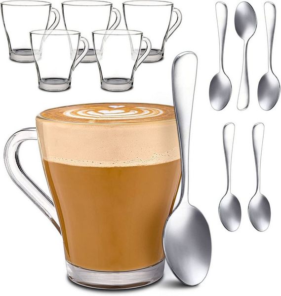 Cosumy Gläser-Set 6 Cappuccino Gläser mit Henkel und Löffel - 250ml - Hält lange warm, 12-tlg, Glas, Cappuccino Gläser Set mit Henkel und Löffel - 250 ml - Hält lange warm