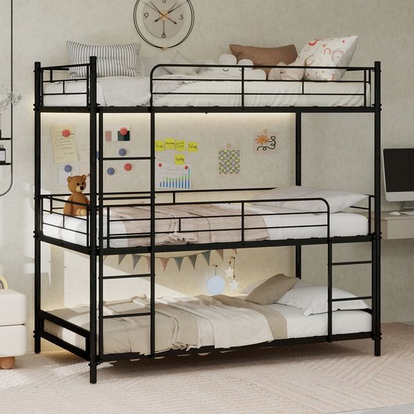 Schweres Dreifach-Rahmenbett 90*190cm,mit eingebauter Leiter, durchgehendem Geländer, bodensicher für Kinder/Jugendliche/Erwachsene, Schlafzimmer, keine Federn erforderlich, einfach zu montieren,