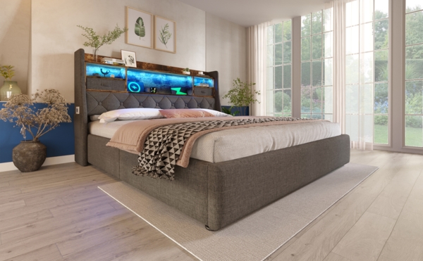 Polsterbett 140x200 cm mit Hydraulischem Stauraum und LED-Kopfteil – modernes Design in Grau