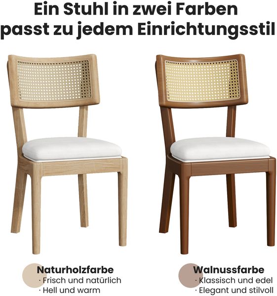 Massivholz Stuhl Set mit Rattan Rückenlehne & Leinenkissen, modernes Naturmöbel 4er Set Esszimmerstuhl Wohnzimmer,Holzfarbe Bild 4