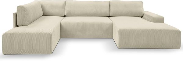 WERK2 Wohnlandschaft Rotterdam-U, U-Form, in kuschelweichem Cord oder Breitcord, Design Sofa mit Schlaffunktion & Bettkasten, Cord, Natur