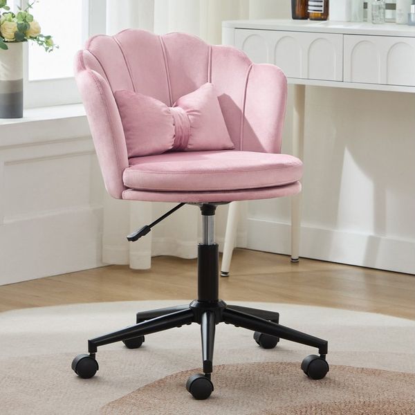 Flieks Drehstuhl mit Rollen Bürostuhl höhenverstellbar (mit schmetterlingsförmiges Lendenkissen und blütenblattförmige Rückenlehne, B55/T62/H73-63 cm), Schminktischstuhl Schreibtischstuhl Ankleidestuhl Samt