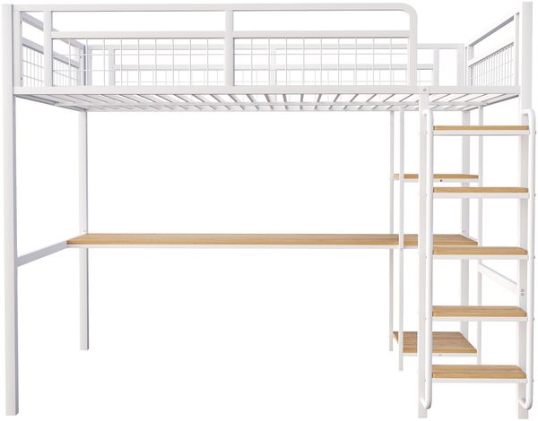 Merax Metall-Hochbett 140*200 cm, Sicherheitsleiter mit Treppe, Kinderbett mit Tisch und Regal, Jugendbett Erwachsenenbett, Metallgitter-Sicherheitszaun, Weiß Bild 5