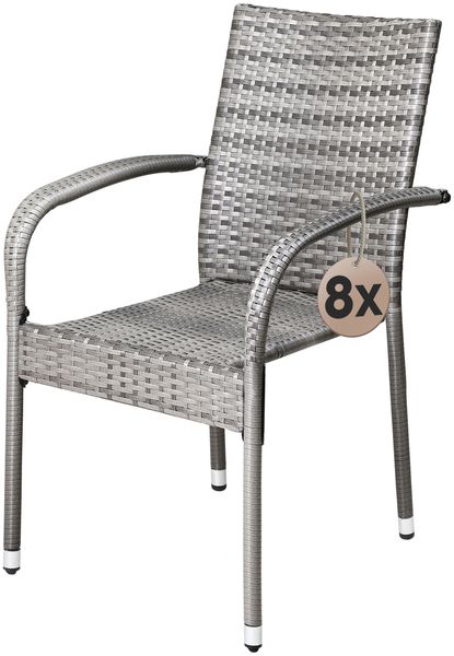 CASARIA 8-tlg. Gartenstuhl-Set, stapelbar & wetterfest, Polyrattan mit Armlehne, bis 160 kg belastbar, Grau