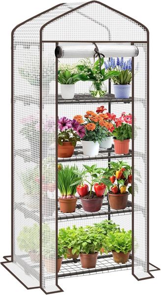 Sekey Mini Tomatengewächshaus mit 4 Regalböden, Folie Gewächshaus Klein Tomatenhaus Balkon Garten, Kleines Foliengewächshaus Stabil 160*70*50 cm, Weiß