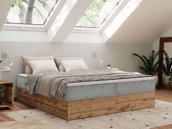 Polsterbett mit Bettkasten, Boxspringbett ohne Kopfteil WOOD ZERO, 7-Zonen Multipocket-Matratze und Topper, modernes Bett für Schlafzimmer - Hellgrau Cordstoff - 160 x 200 cm - H4