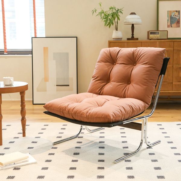 LVHOM Loungesessel im Barcelona-Stil, Relaxsessel mit Chromgestell, Polstersessel aus Kunstleder, abnehmbares Kissen, Lesesessel für Wohnzimmer & Balkon, Braun