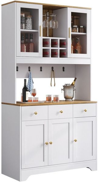 SeedWave Buffet Mehrzweckschrank Hochschrank mit 2 Glastüren, Weinregalen, Haken Küchenbuffet mit viel Stauraum, 5× verstellbaren Einlegeböden