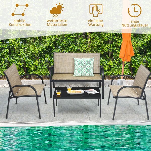 4 TLG. Gartenmöbel Set mit Bank & 2 Stühlen & Couchtisch Lounge Balkonmöbel Set Braun