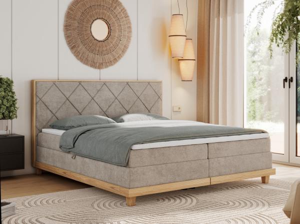 Boxspringbett mit Massivholzelementen und Multipocket - Matratzen - CAICOS - 180 x 200 cm - Beige Stoff - H4