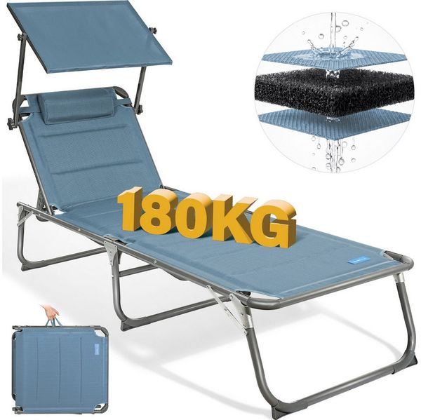 Homecall Sonnenliege mit Dach, schnell trocknender Schaumstoff, XXL, 200x70 cm - (Blau)