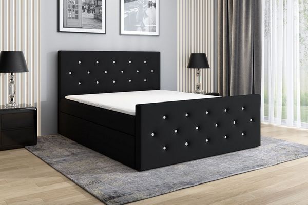 A&J MöbelLand GmbH Boxspringbett REINN mit Kristallknöpfen verziert. (Boxspringbett mit Bettkasten und gepolstertem Kopfteil. Inclusive Topper !, TOP ANGEBOT), Länge 216 cm Höhe 106 cm
