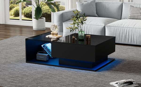 MODFU Couchtisch mit LED-Beleuchtung (1-St, mit 1 Schublade,100x50x32cm), mit Glasplatte und Schubladen, kratzfest