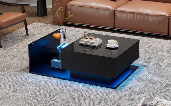 MODFU Couchtisch mit LED-Beleuchtung (1-St, mit 1 Schublade,100x50x32cm), mit Glasplatte und Schubladen, kratzfest