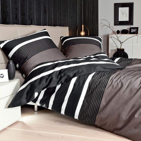 Janine Mako Satin Bettwäsche 4 teilig Bettbezug 135x200 cm Kopfkissenbezug 80x80 cm Streifen Nougat schwarz