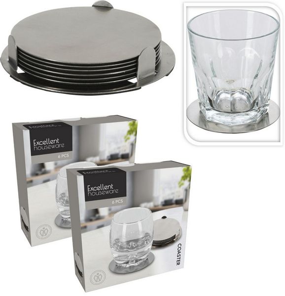Koopman Getränkeuntersetzer Glasuntersetzer Ø 8,5 cm Edelstahl + Halter Tassenuntersetzer, 12-tlg, 12tlg, Edelstahl, Ø 8,5 cm, mit Halter, Unterseite gummiert