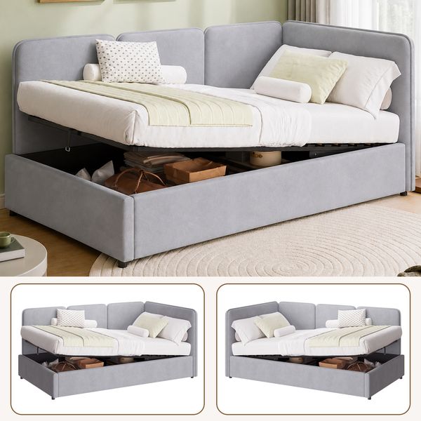 Daybett 90x200 cm mit hydraulischem Stauraum, Polsterbett, Tagesbett, Links und rechts tauschen, Samt, grau