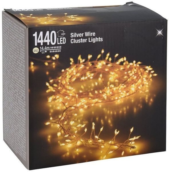 Spetebo Lichterkette Silver Wire CLUSTER Lights - 1440 LED, 1440-flammig, Micro Draht Büschel Lichterkette für Außen