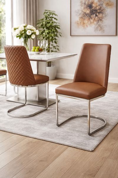 Schwingstuhl 2er Set Braun Freischwinger Esszimmerstuhl Kunstleder Chrom Rautensteppung