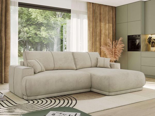 RINA L Design Ecksofa, Schlaffunktion & Stauraum, DL-System, Wellenfedern, Liegefläche 220x155 cm, freistehendes Polstersofa, Schlafcouch - Beige Velvet - Rechts Seite