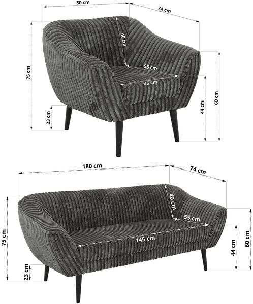 Wohnzimmerset PIRS 1-1-3, Skandinavisches 3-Sitzer Sofa mit Sesseln, Sofa mit Wellenfederung, schwarze Füße, Skandinavisches Möbelset - Grau Cord Bild 5
