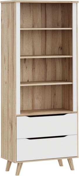Forte VANKKA Regal 85, Regal mit Kombination aus 3 Einlegböden und 2 Schubladen, Holzwerkstoff, Planked Eiche Dekor/Weiß, 84,7 cm breit, 201,5 cm hoch, 42 cm tief