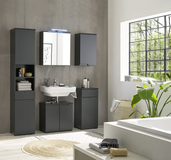 Badezimmer-Set "Spice" schwarz matt (5tlg.) mit Hochschrank, Waschbeckenunterschrank, Spiegelschrank, Kommode und Hängeschrank - 170 x 191 x 32 cm (B/H/T)