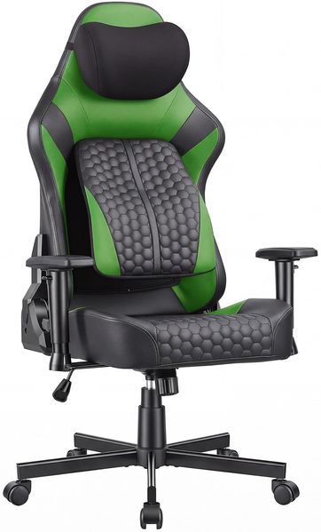 JUMMICO Gaming-Stuhl mit Verstellbarer Lendenwirbelstütze & 2D-Armlehnen, 90-140° Neigbar, Ergonomischer Computerstuhl aus Kunstleder, Atmungsaktiver Bürostuhl für Gamer & Büro, 150 kg, Grün