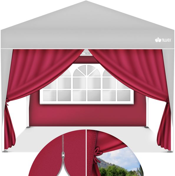 tillvex® 2X Seitenwand rot für Pavillon 3x3m & 3x6m | Faltpavillon Seitenteile wasserabweisend | Seitenfenster & Reißverschluss | Seitenwände für Gartenzelt Partyzelt