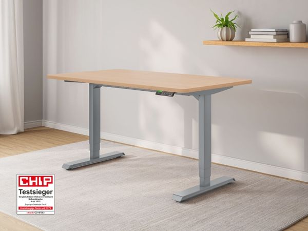 Ergotopia Desktopia Pro X I Elektrisch höhenverstellbarer Schreibtisch I 140x80 cm I Ahorn Dekor eckig I Gestell Grau I Inkl. Ziele- und