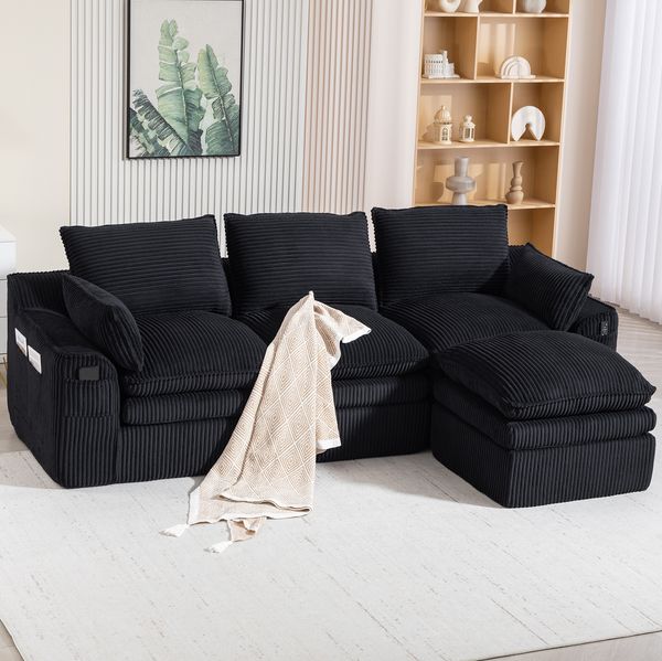 3-Sitzer Sofa mit Hocker, Cord, modulare Form & Seitentaschen, 263 x 167 x 85 cm, Schwarz