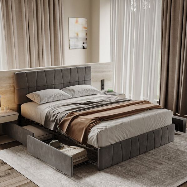 Furnishings Home Polsterbett Doppelbett Stauraumbett Mit 4 Metall Schubladen (1 tlg. Verstellbare Kopfteilhöhe), Mit Kopfteil, Lattenrost, Samt, 160x200 cm