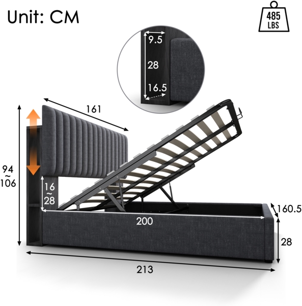 Polsterbett 160x200 cm mit LED Kopfteil,USB & Typ-C Ladefunktion,Stauraum & Gasdruckfeder,Grau Bild 7