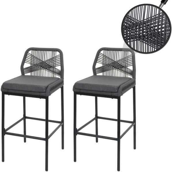 2er-Set Rope-Barhocker HWC-O21, Outdoor Sitzpolster Seilgeflecht Metall ~ anthrazit, Kissen dunkelgrau