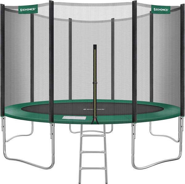 Songmics Trampolin mit Sicherheitsnetz, Leiter und gepolsterten Stangen, schwarz-grün, Ø 427 cm