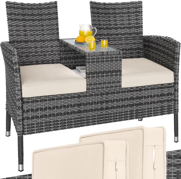 Casaria Gartenbank Poly Rattan Tisch inkl. 7cm Auflagen Grau