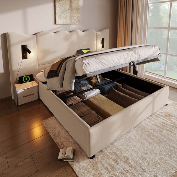 Polsterbett, Leinen mit Stauraum, Leselampe & USB-Anschluss, 160x200 cm, Beige, ohne Matratze