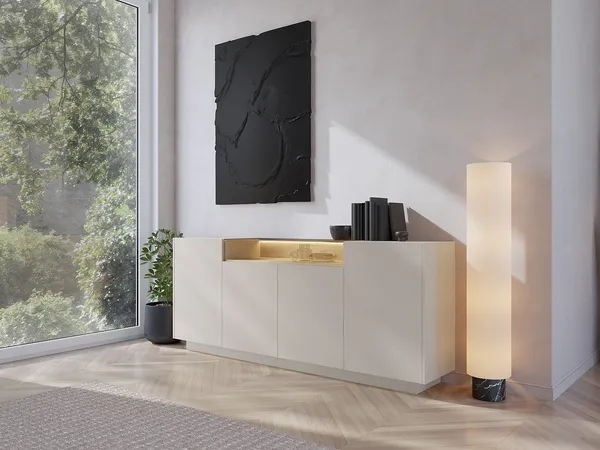 Vente-unique - ALIVENTO Sideboard GlasHolz, Platte BeigeBeige - B 39,5 cm x H 83 cm x L 203 cm