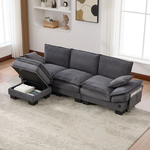 Modulares 3-Sitzer Sofa mit Hocker, B 260 x T 132 x H 84 cm, aus Cord mit USB-C