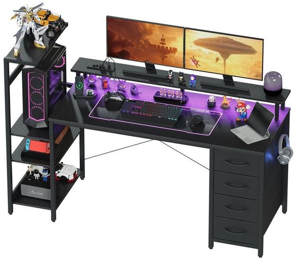 YOUDENOVA Gamingtisch mit LED-Beleuchtung & Steckdose, Computertisch, Schreibtisch (1-St), mit Schubladen & Carbon Fiber, 130 x 48 x 114 cm