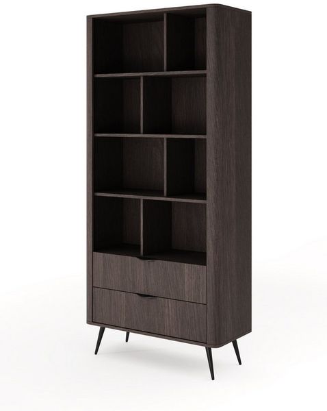 MOEBLO Regal LARON 2s, mit 2 Schubladen, Eiche Dunin – Modernes Standregal im Japandi & Industrial Design mit schwarzen Metallfüßen, geriffelter Leiste und eleganter Holzoptik, Bücherregal Bücherregal für das Büro Bücherregal für Dokumente Wohnbereich ...