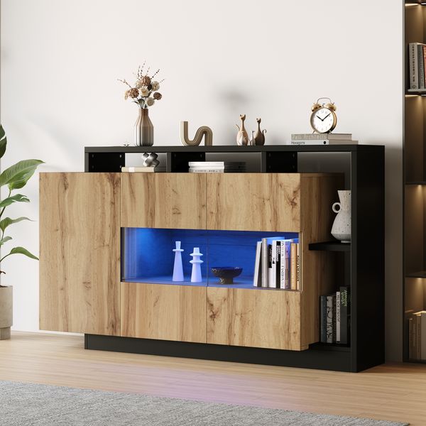 LED Sideboard Holzoptik Schwarz Bluetooth RGB Beleuchtung Höhenverstellbare Einlegeböden TV-Schrank Wohnzimmer