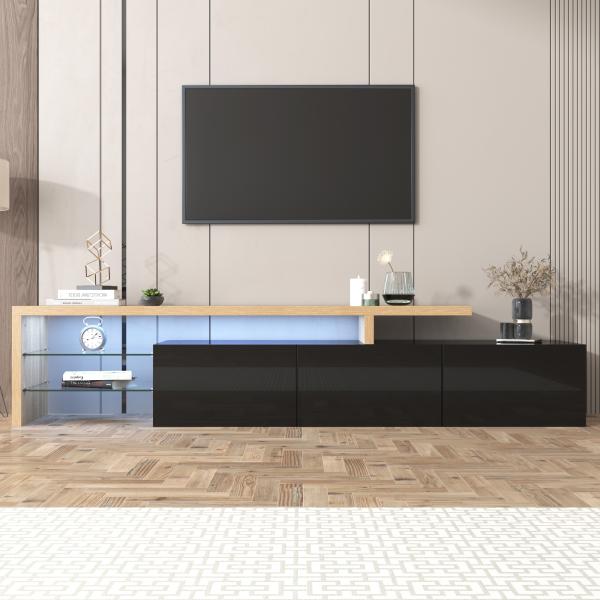 Merax Lowboard, mit Glasablgen und LED-Beleuchtung, Fernsehtisch Hochglanz, TV-Schrank, Schwarz