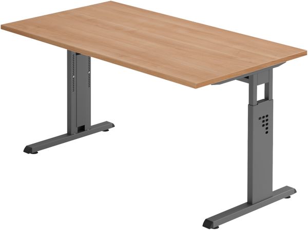 bümö höhenverstellbarer Schreibtisch O-Serie 140x80 cm in Nussbaum, Gestell in Graphit - PC Tisch für's Büro manuell höhenverstellbar, Computertisch verstellbar, OS-14-N-G