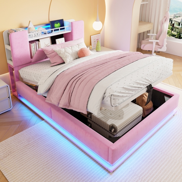 Merax Einzelbett 90 x 200 cm, Jugendbett Kinderbett, Polsterbett für Kinder, mit LED-Beleuchtung, USB-Anschluss und hydraulischem Stauraum, weichem Samtbezug, Rosa