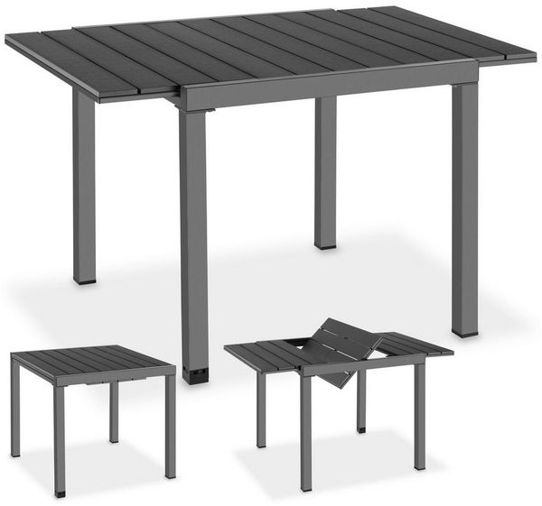 tectake Gartentisch Outdoor-Esstisch aus Aluminium für 4-6 Personen, 80–120 x 80 x 74 cm (Balkontisch Inca, 1-St, in schwarz), Lamellen in Holzoptik, wetterfest und UV-beständig, höhenverstellbar
