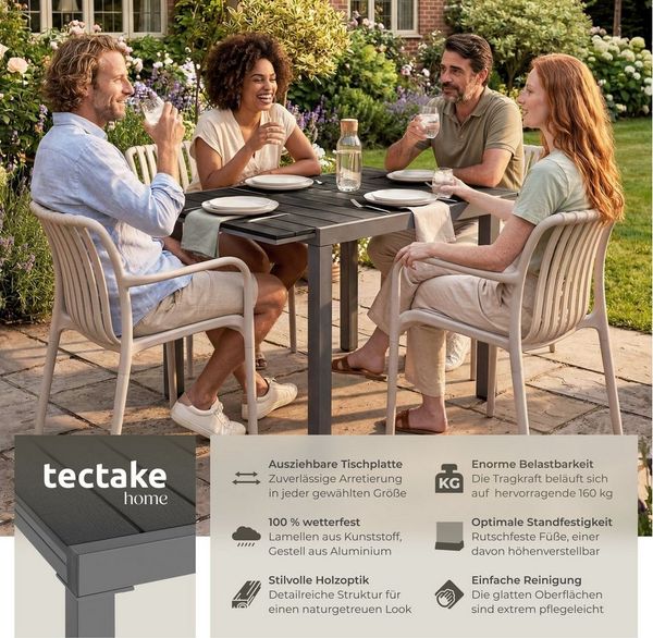 tectake Gartentisch Outdoor-Esstisch aus Aluminium für 4-6 Personen, 80–120 x 80 x 74 cm (Balkontisch Inca, 1-St, in schwarz), Lamellen in Holzoptik, wetterfest und UV-beständig, höhenverstellbar