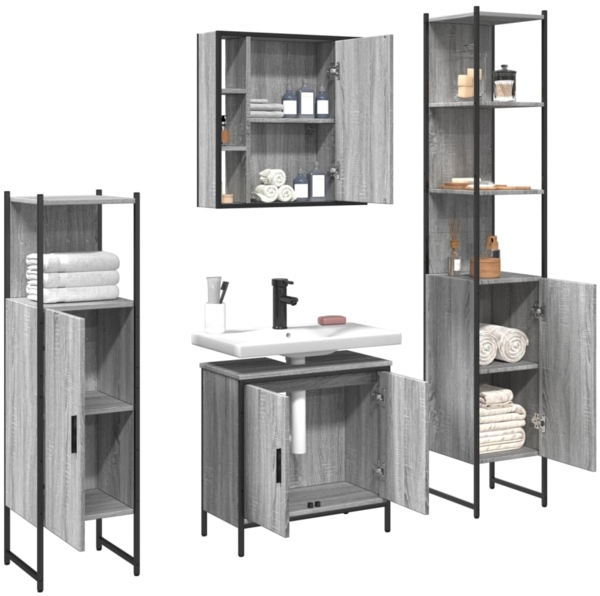 vidaXL 4-tlg. Badmöbel-Set Grau Sonoma Holzwerkstoff 3214773 Bild 3